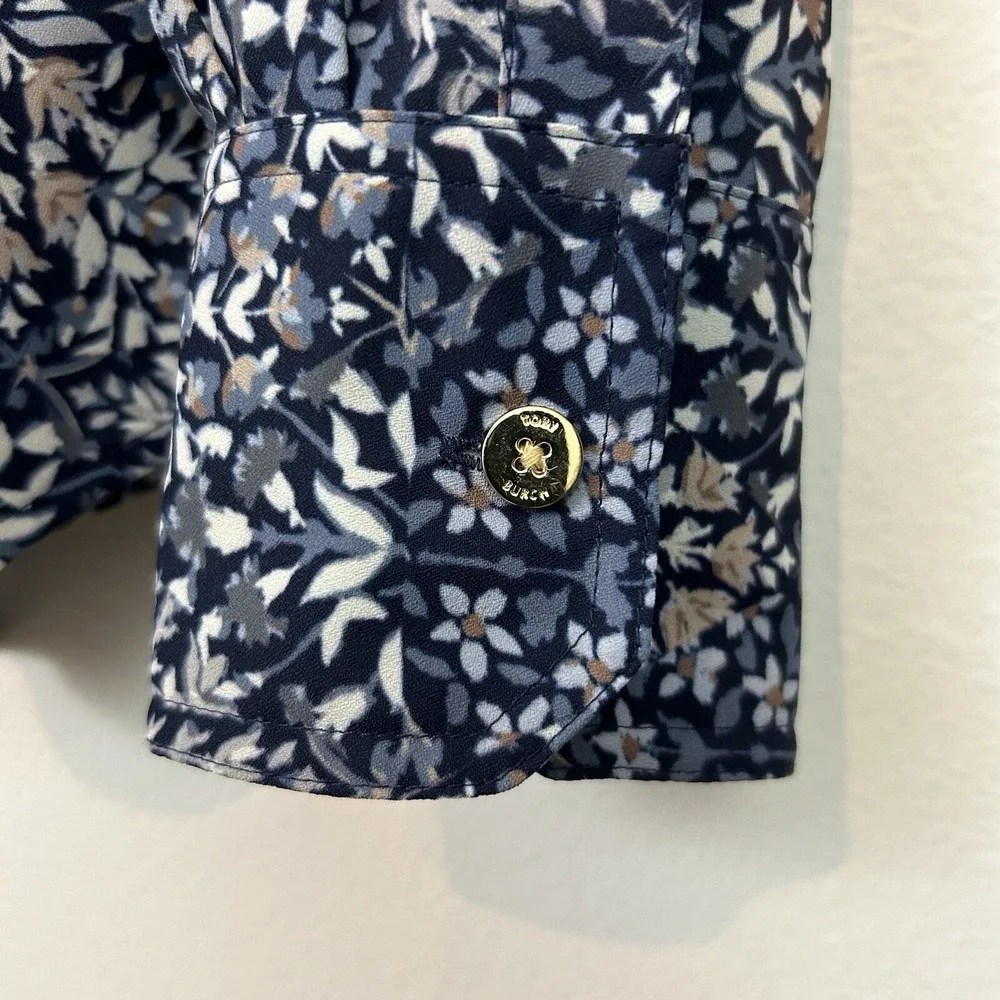 Tory Burch Shirt Size 6 Blue Floral Print Button Up Long Sleeve - Picture 7 of 8